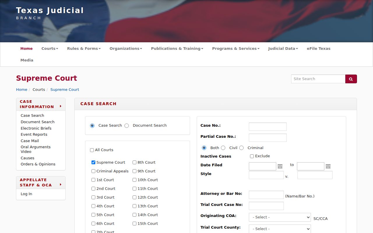 Goliad County appellate case search filters in the official TAMES system