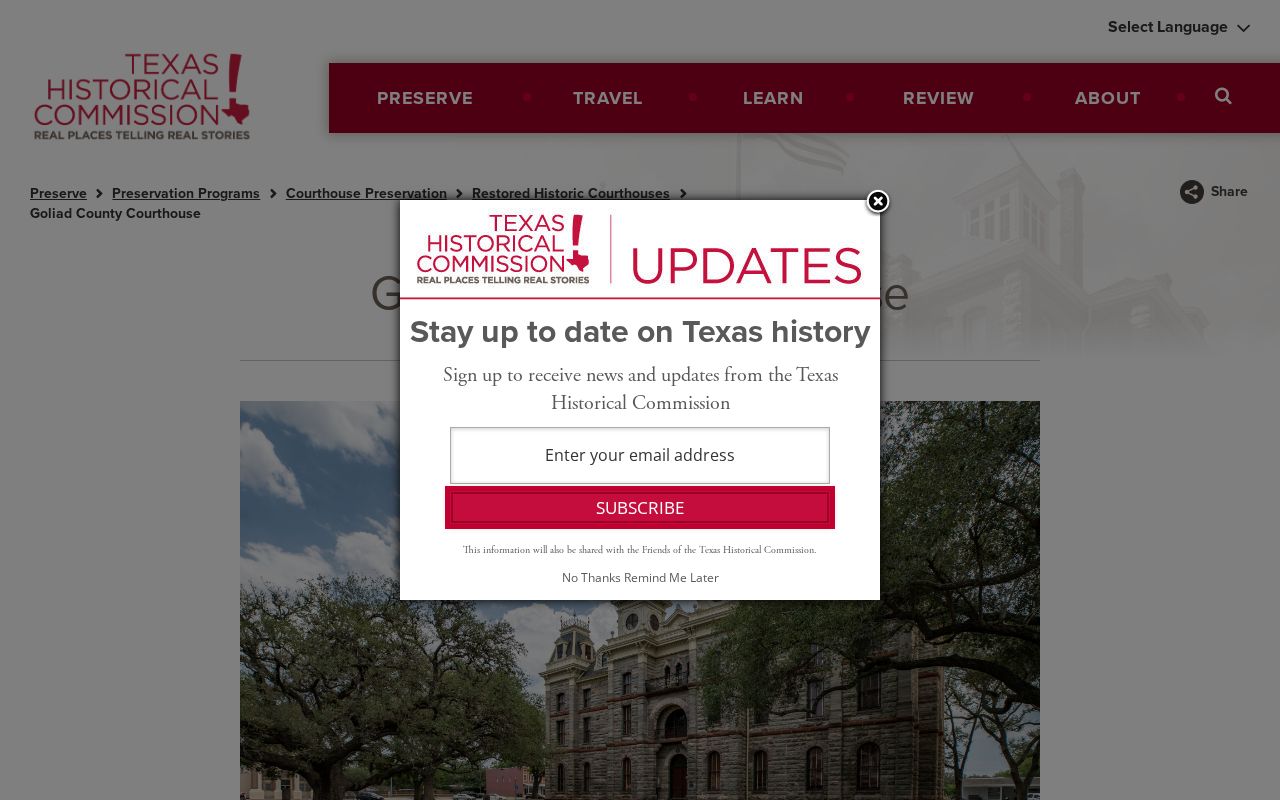 Historic Goliad County courthouse and court docket setting